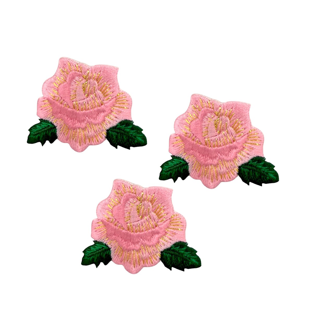 (Set of 3) Pink Rose, Gold Accents, Flower, Embroidered, Iron on Patch